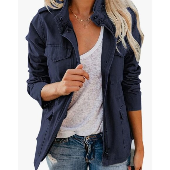 Chouyatou Jackets & Blazers - Womens Fall Stand Collar Zip Up Cotton Utility Safari Jacket L Navy Blue New